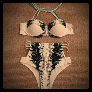 Blue and white slit bikini